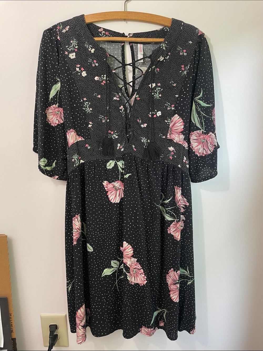Xhilaration Black Floral Tie-Front A-Line Women’s Dress Size L Cottage Witchy